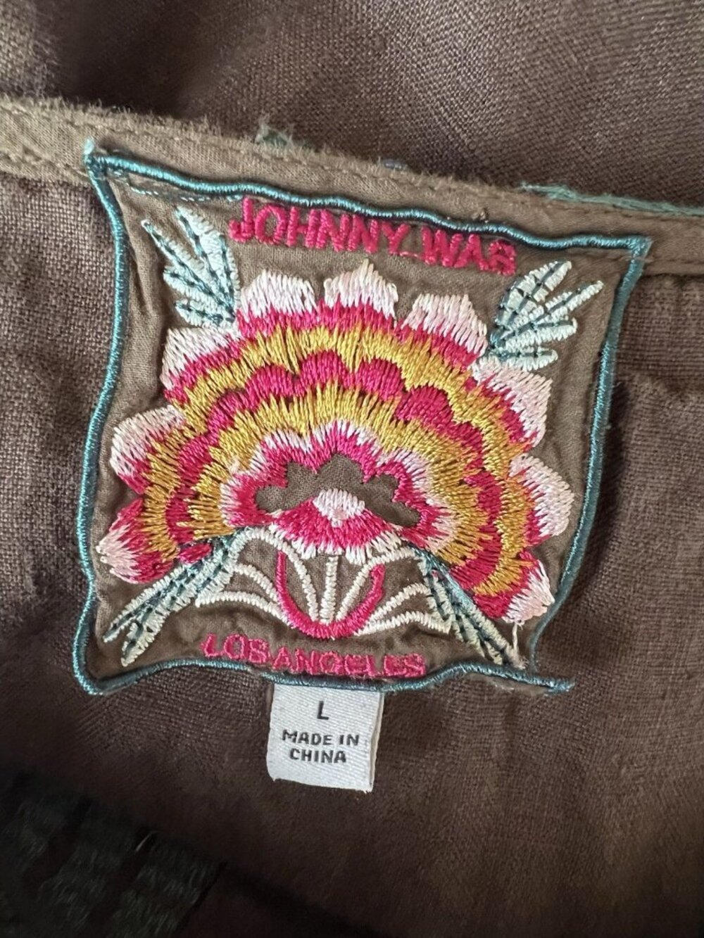 Johnny Was Kahluhi Linen Peasant Blouse L Brown Embroidered Boho Tie Neck Top - Picture 11 of 12